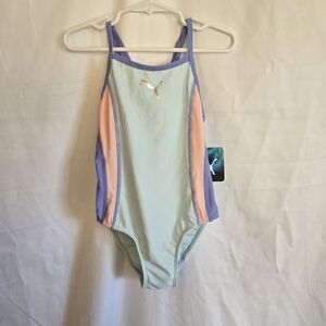 Puma Girls Pastel Nitro‎ Blue Colorblock Crossback One Piece Swimsuit 5 New